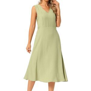 Women's Linen Dress Summer V Neck Casual Tank Midi Dress Sage Green